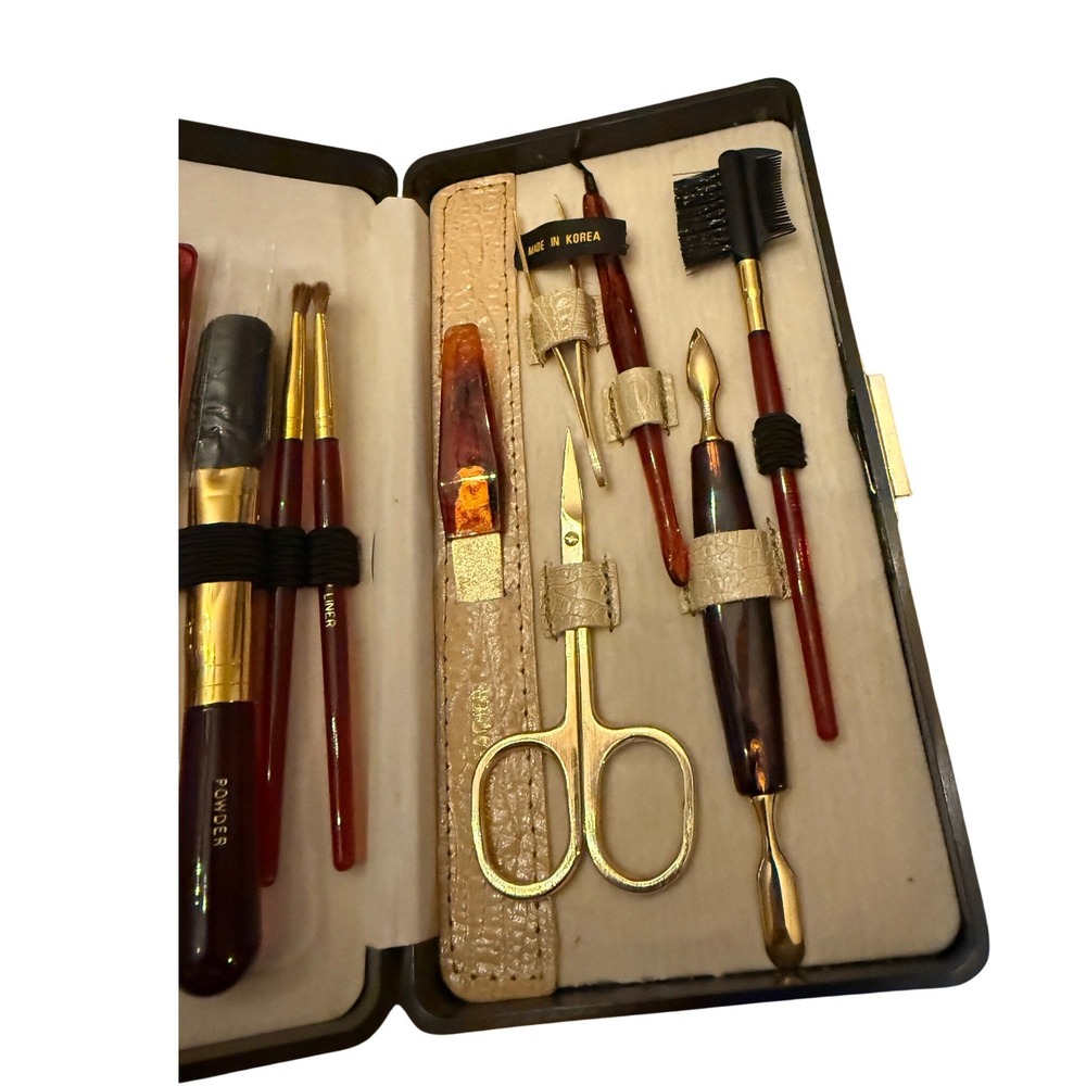 Vintage Travel Manicure Pedicure Makeup Brush Set Brown Faux Croc Case 10 pc - Picture 14 of 16